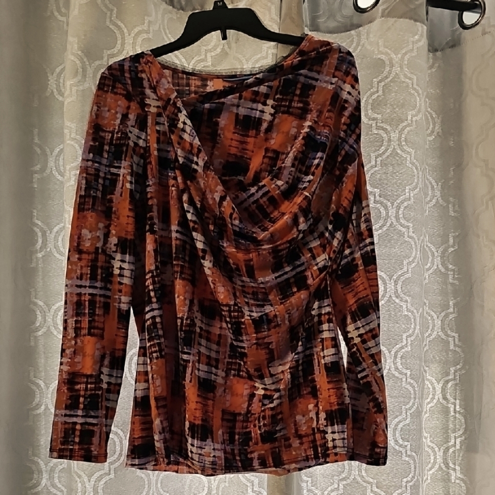 Blouse by Simply Vera Vera Wang Black and Orange Asymmetrical Ruched Blouse L